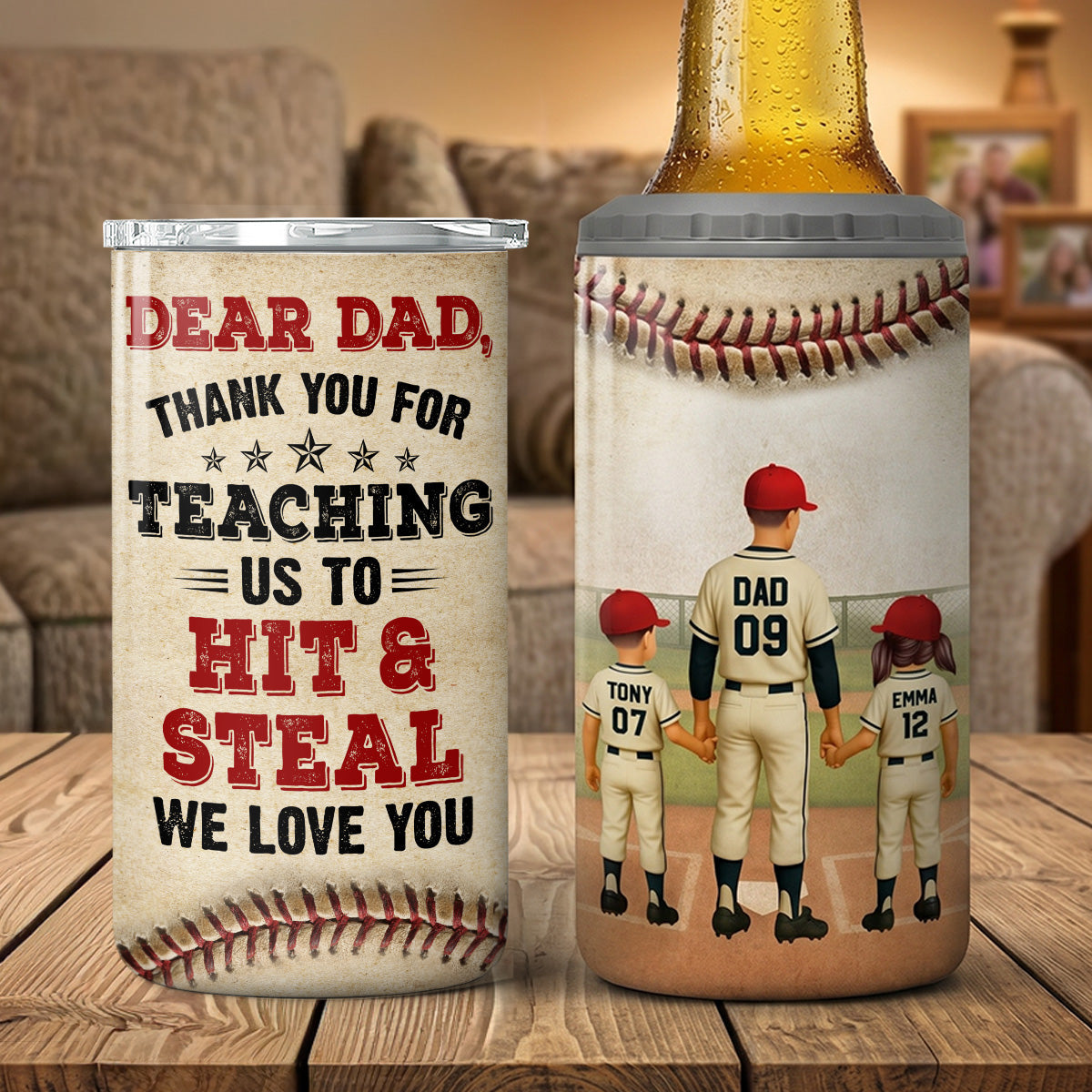 Thank You For Teaching Us To Hit & Steal Baseball Dad & Kids - Personalized Can Cooler - Father's Day Gift For Dad, Husband