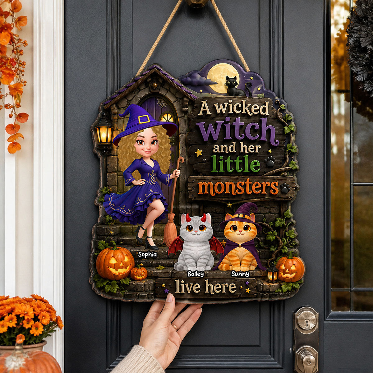 Mysterious Wicked Witch And Little Monsters Cats - Personalized Wood Sign - Halloween Gift For Cat Lovers, Halloween Decor