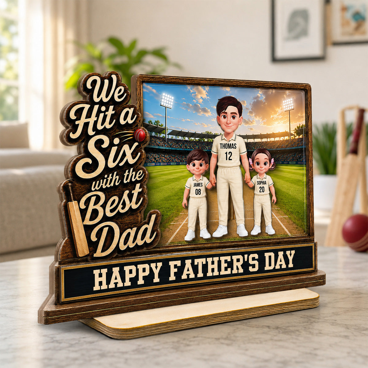 Hit A Six With The Best Dad Cricket Dad & Kids On Field 2D Flat - Personalised 2-Layered Wooden Plaque -  Gift For Husband, Dad