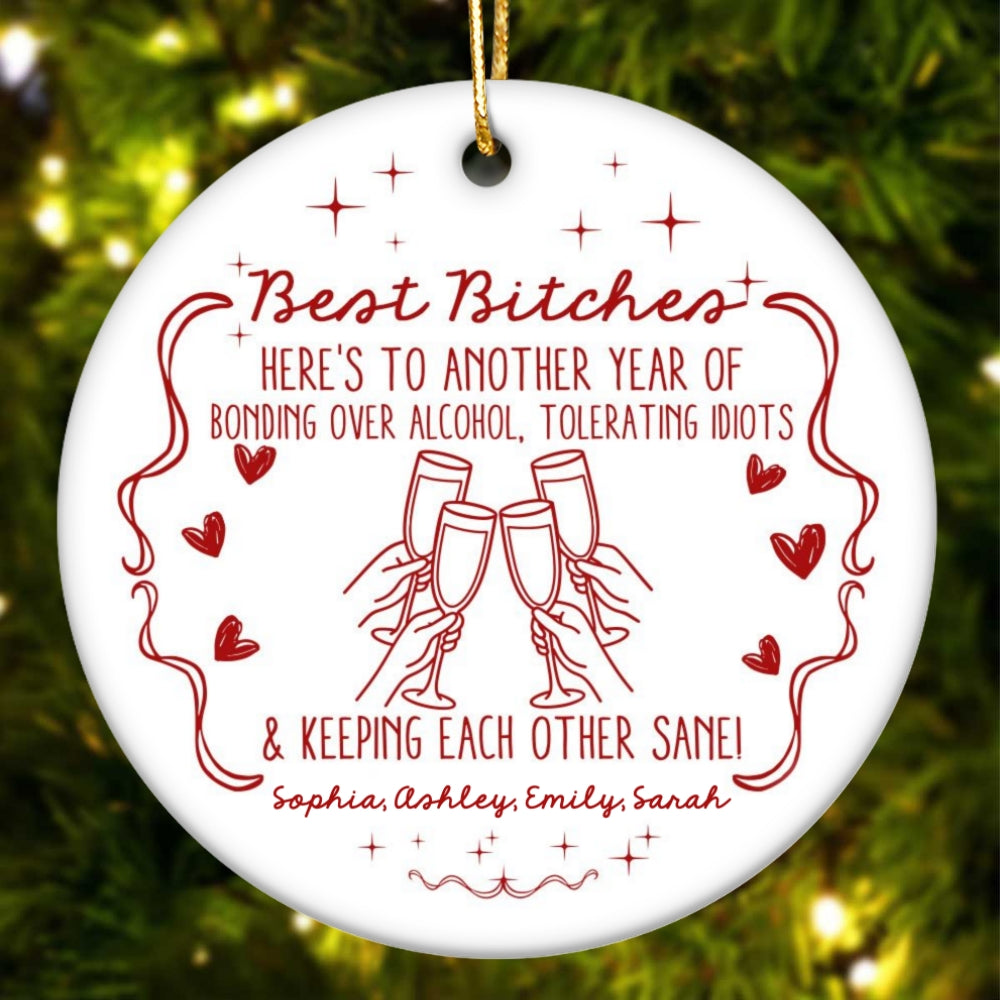 Christmas Red Tone Funny Besties - Personalized Ceramic Ornament - Gift For Best Friends