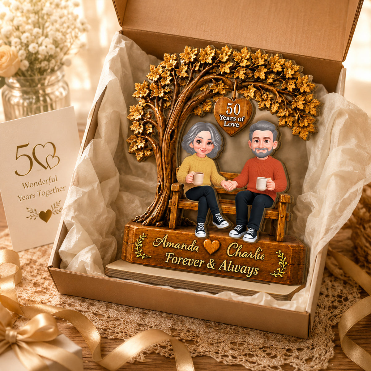 Couple Sitting Under Tree - Personalized 2-Layered Wooden Plaque - Golden Couple Keepsake, Anniversary Gift for Her, for Him