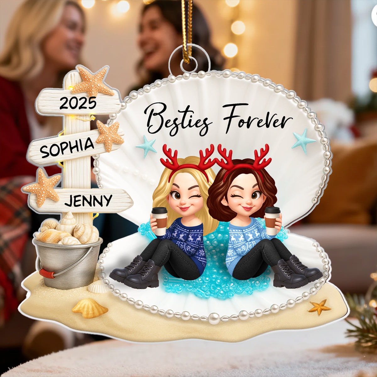 Besties Sitting in Shell - Personalized Acrylic Ornament - Christmas Gift for Best Friends