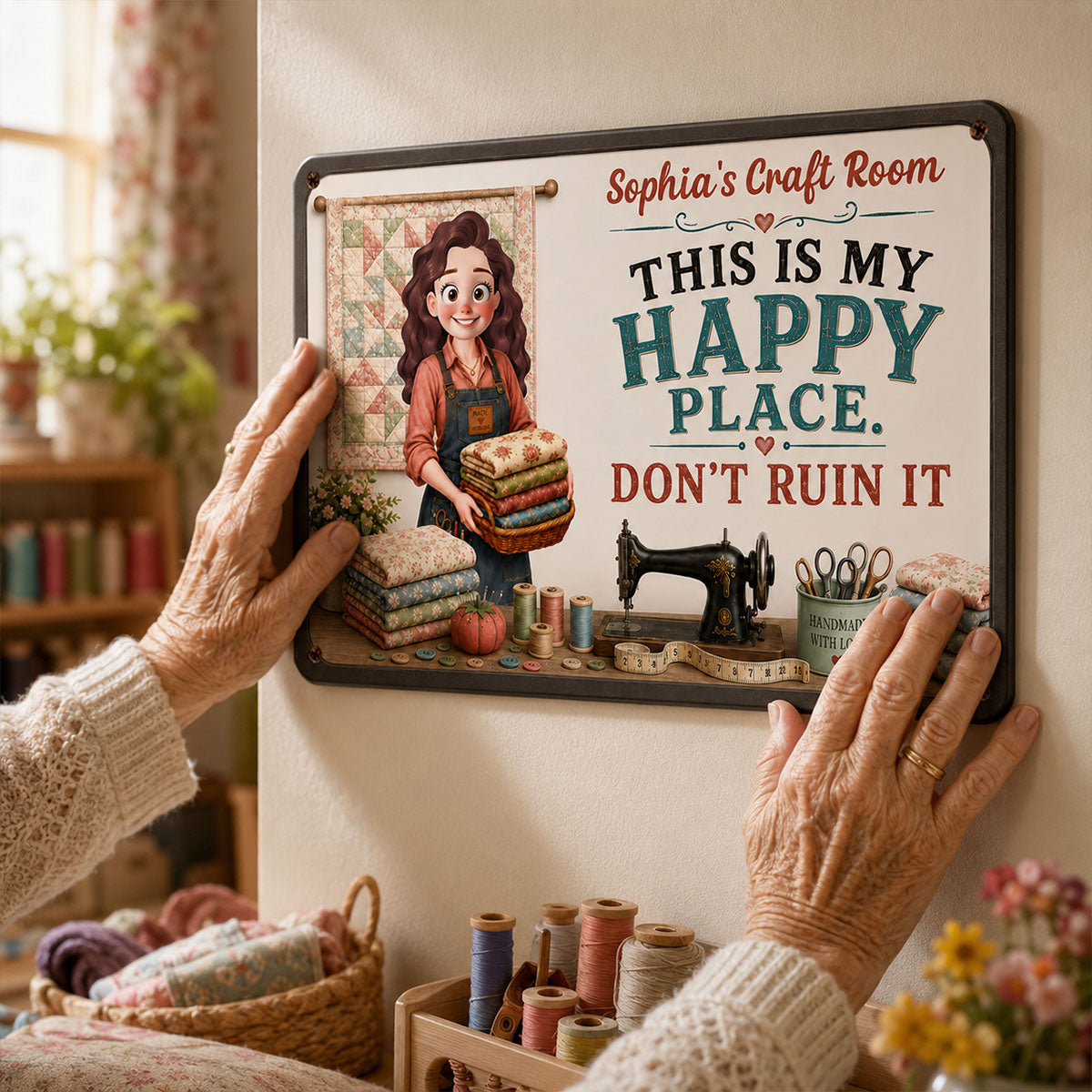 This Is My Happy Place Don't Ruin It Sewing Girl - Personalized Metal Sign - Craft Room Decor