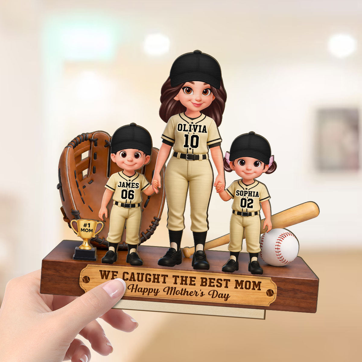Baseball Mom And Kids We Caught The Best Mom - Personalized 2-Layered Wooden Plaque - Mother's Day Gift For Baseball Mom