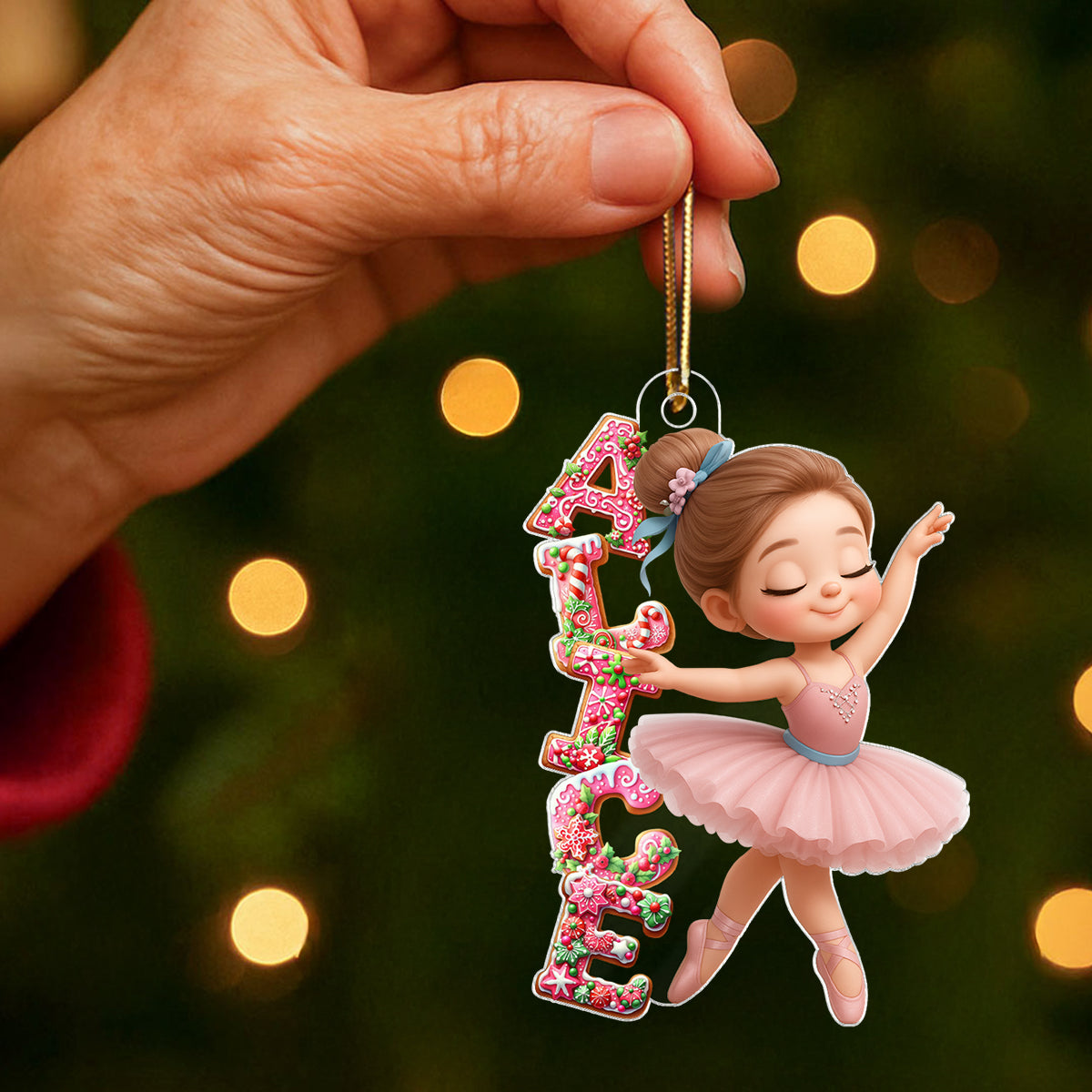 Little Girl Balletina Dance Custom Name Pink Gingerbread Pattern - Personalized Acrylic Ornament - Heartwarming Christmas Gift For Kid