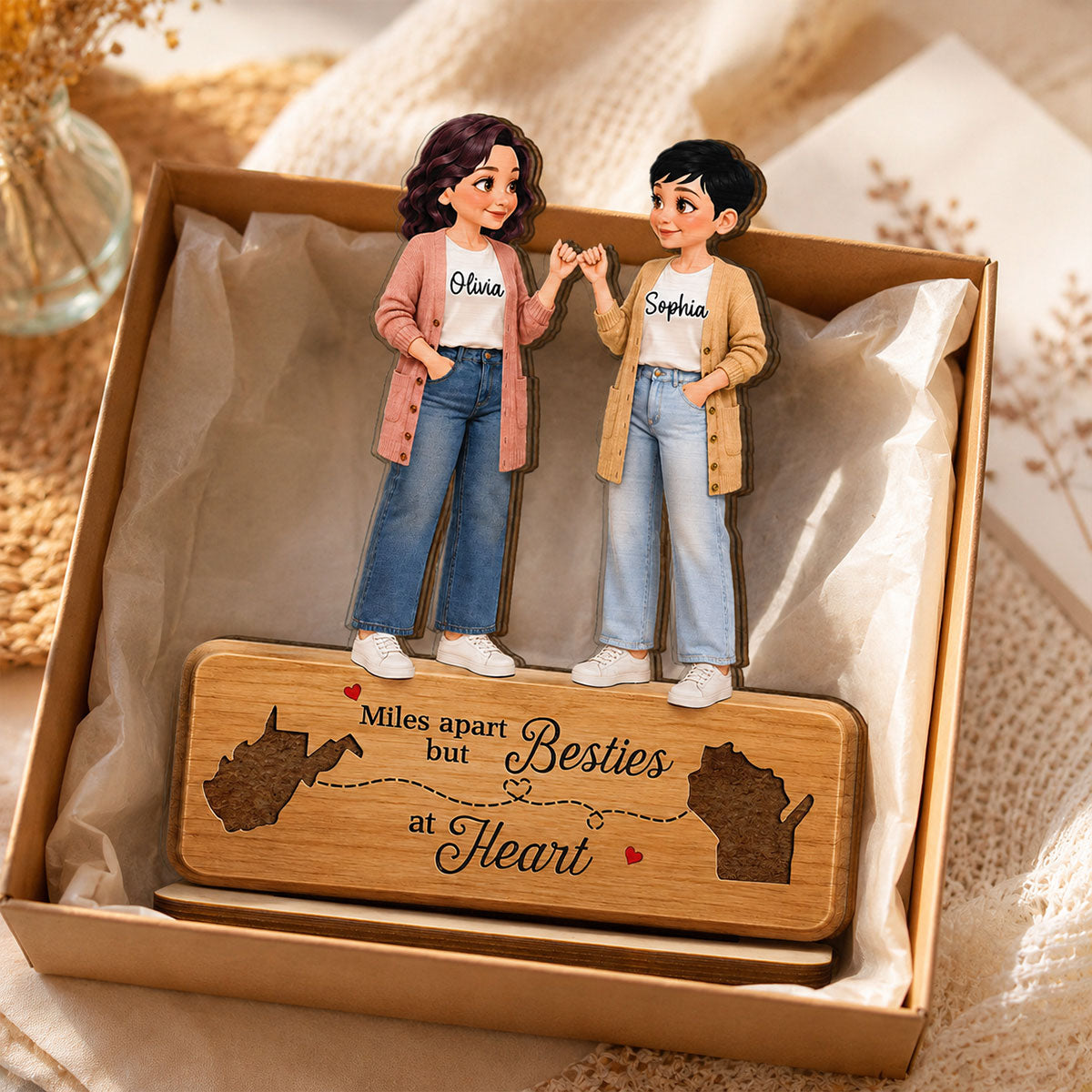 Pretty Besties Pinky Promise Miles Apart Besties At Heart 2D Flat - Personalized 2-Layered Wooden Plaque - Birthday Gift, Long Distance Friendship Gift for Best Friends