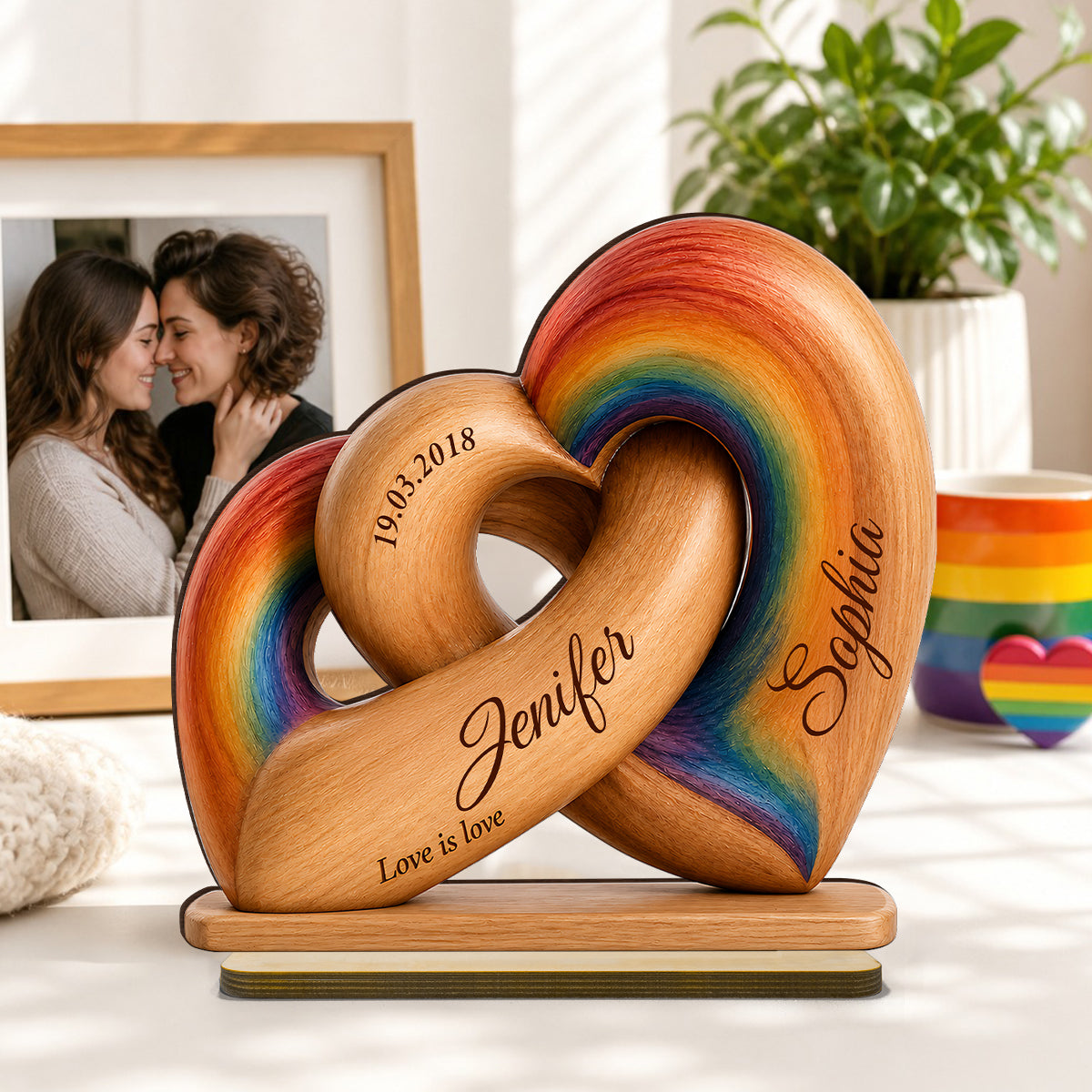 Interlocked Hearts Love is Love LGBT Couple - Personalized 2-Layered Wooden Plaque - Gift for Him, for Her
