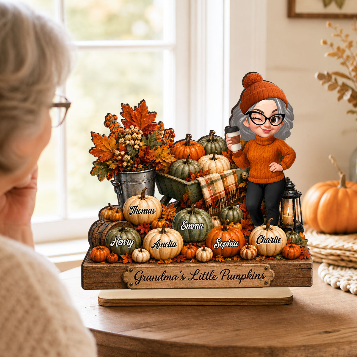 Pumpkin Wheelbarrow Grandma Grandkids - Personalized 2-Layered Wooden Plaque - Fall Season Decor Gift, Gift For Grandma