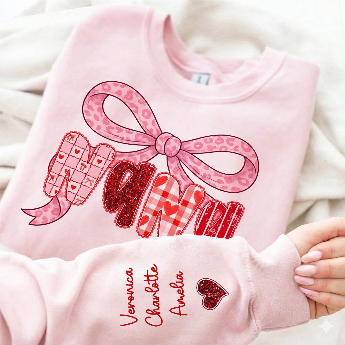 Preppy Valentine Pattern Grandma Mom Nana With Kids Name - Personalized Sleeve Printed Sweatshirt - Valentine's Day Gift For Grandma