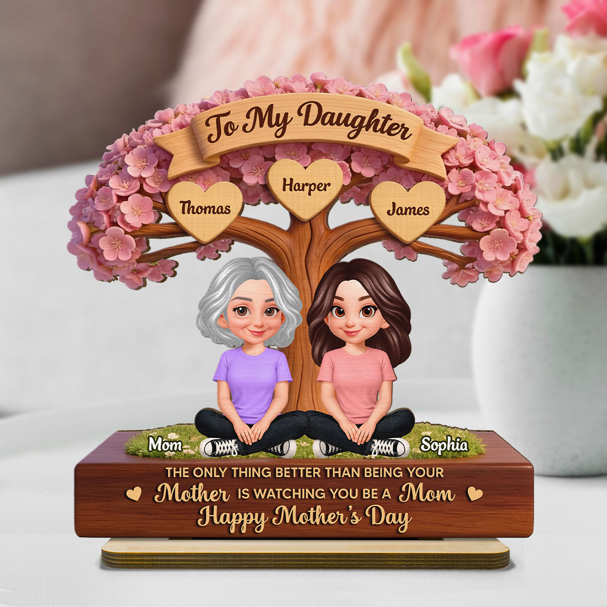 Blossom Tree To My Daughter From Mom Happy Mother's Day Custom Kids Names - Personalized 2-Layered Wooden Plaque - Mother's Day Gift For Daughter