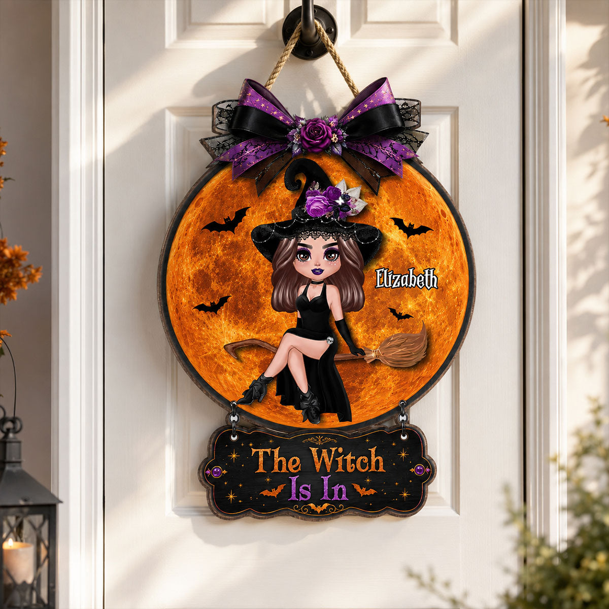 The Witch Is In Witch On Broom - Personalized Door Hanger Sign - Halloween Decor, Wicca Pagan Decor For Witches