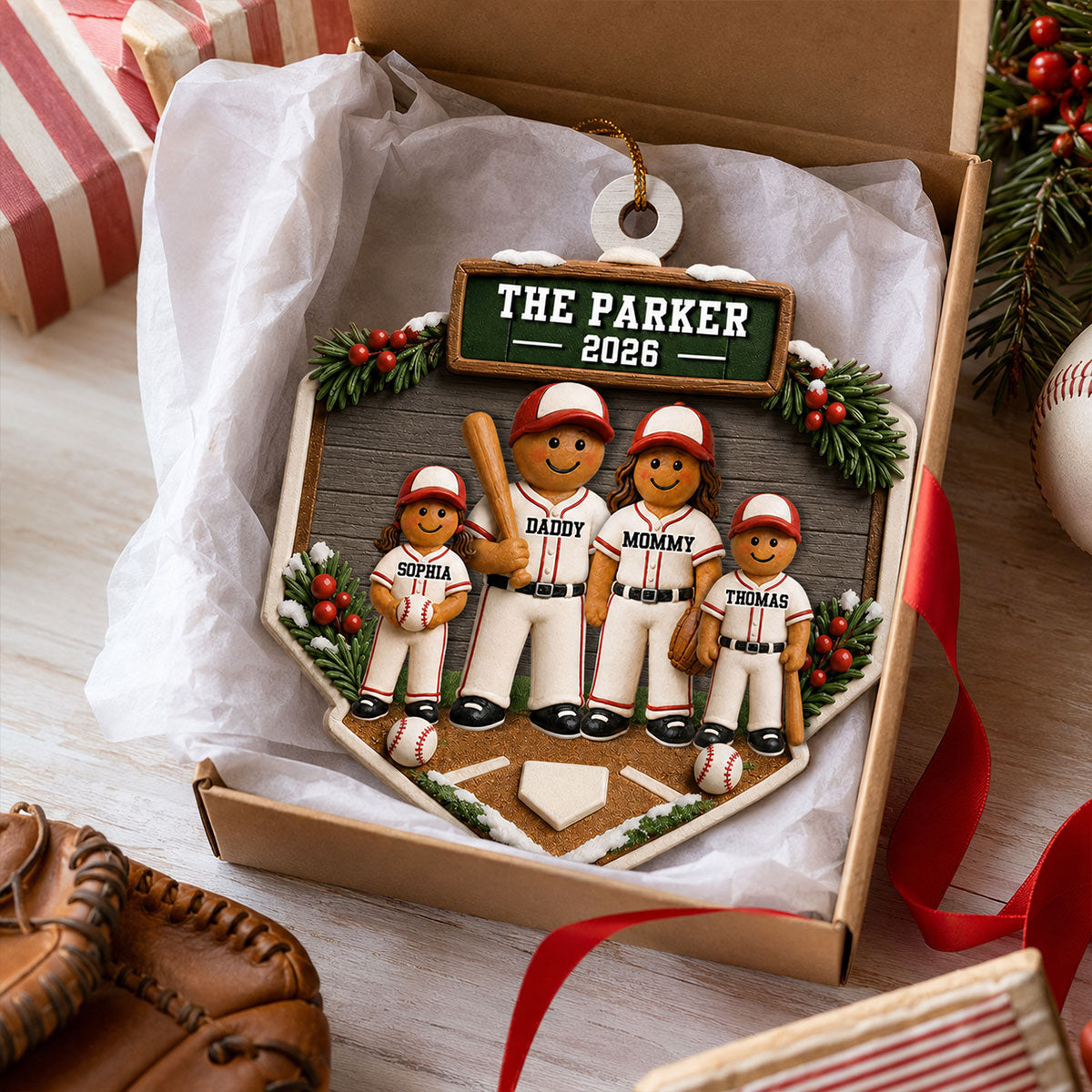 Baseball Gingerbread Family Home Plate 2D Flat - Personalized Wooden Ornament - Sport Lover Christmas Tree Decor, Keepsake
