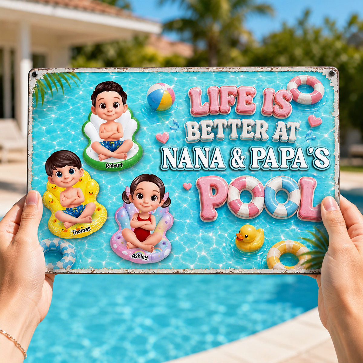 Pastel Life Is Better At Pool - Personalized Metal Sign - Gift For Grandparents, Summer Outdoor Pool, Porch, Patio, Bar Decoration