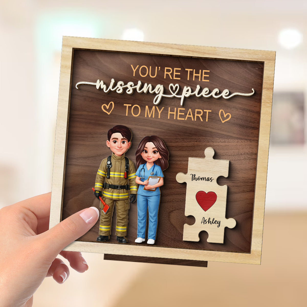 The Missing Piece to My Heart Couple Occupation Nation Flag - Personalized 2-Layered Wooden Plaque - Heartfelt Gift for Him, for Her