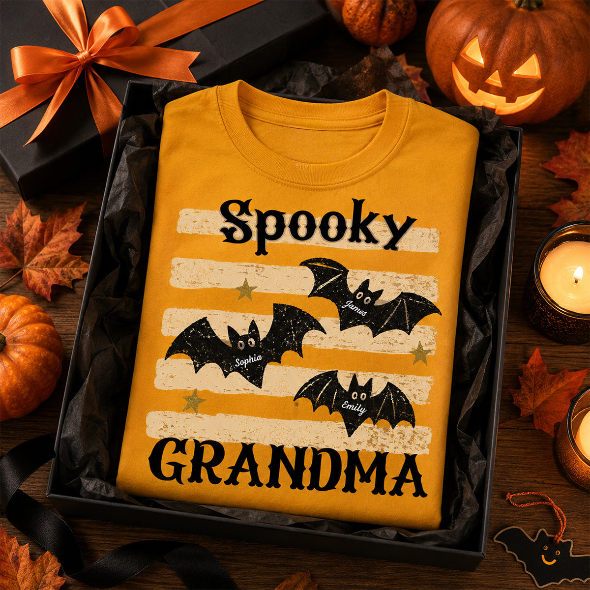 Spooky Grandma Little Bats Stripes - Personalized Shirt - Halloween Gift For Grandma