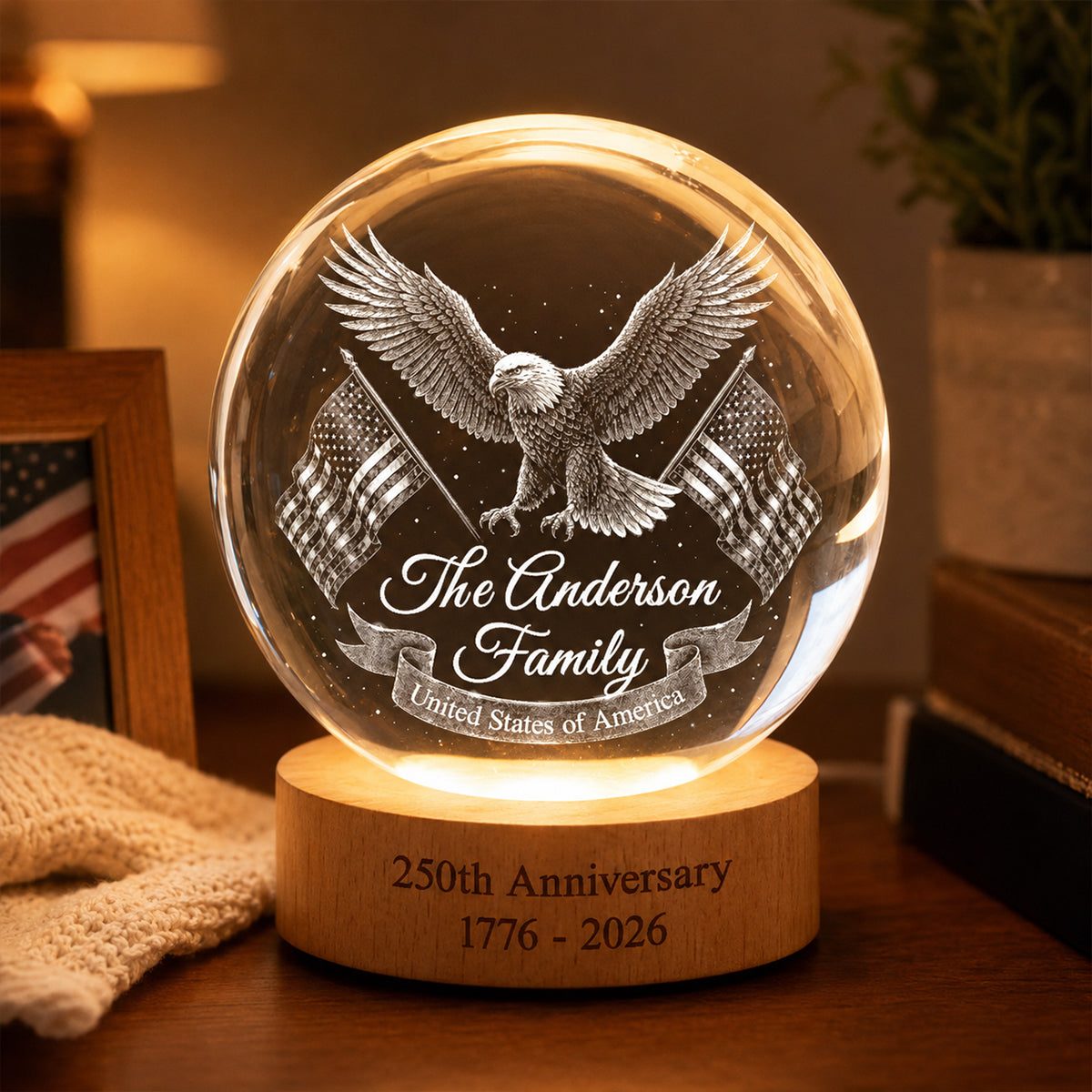 United States of America 250th Anniversary - Personalized Crystal Ball LED Night Light - Custom Family Name