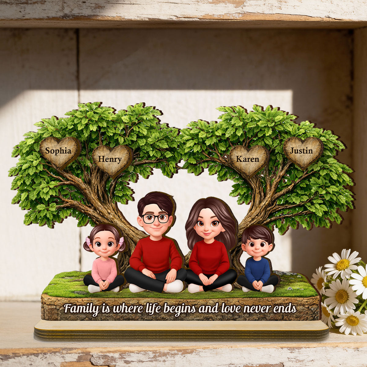 Family Is Where Love Never Ends - Personalized 2-Layered Wooden Plaque - Heartfelt Gift For Mom, Grandma