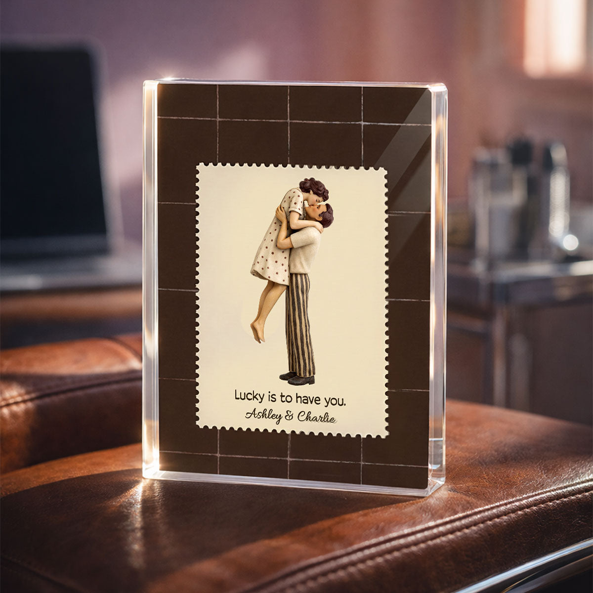 Lucky Is To Have You Mid-Century Couple - Personalized Acrylic Block Plaque - Anniversary, Valentine's Day Gift, Gift For Him, Gift For Her