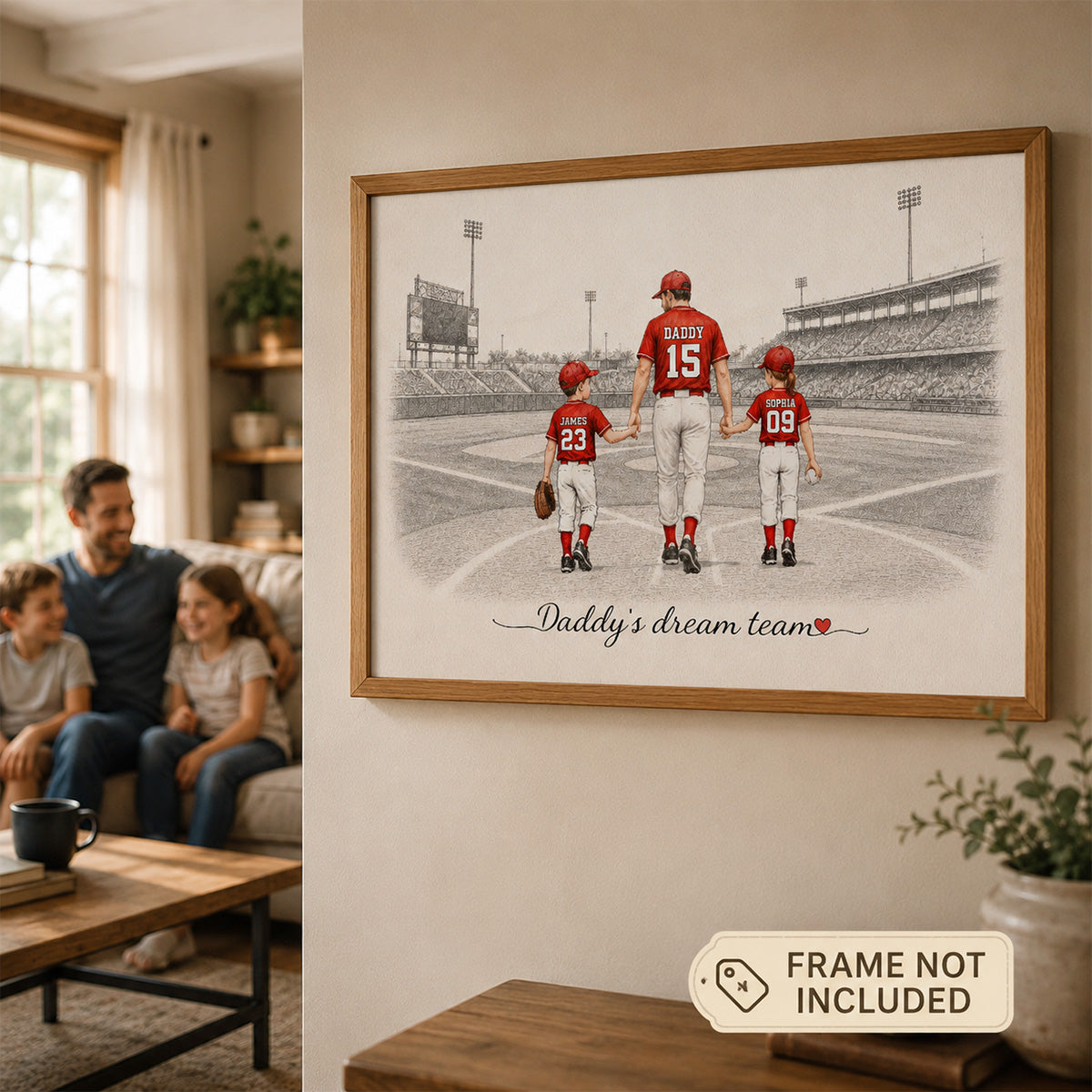 Vintage Baseball Dad And Kids Walking - Personalized Poster - Father's Day gift for Dad, Husband