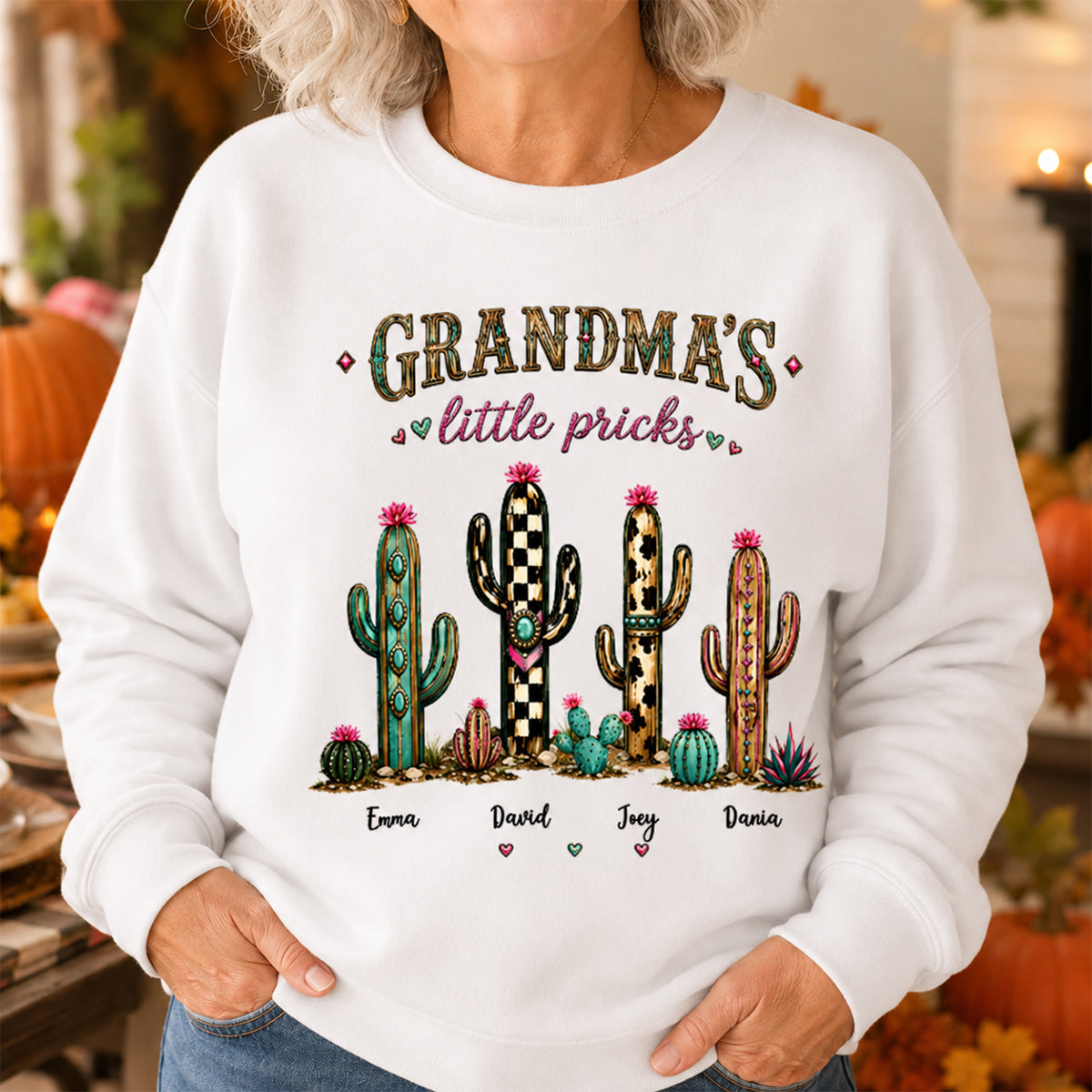 Grandma's Little Pricks - Personalized Shirt - Leopard Cactus Fall Vibe, Trendy Tee for Grandma
