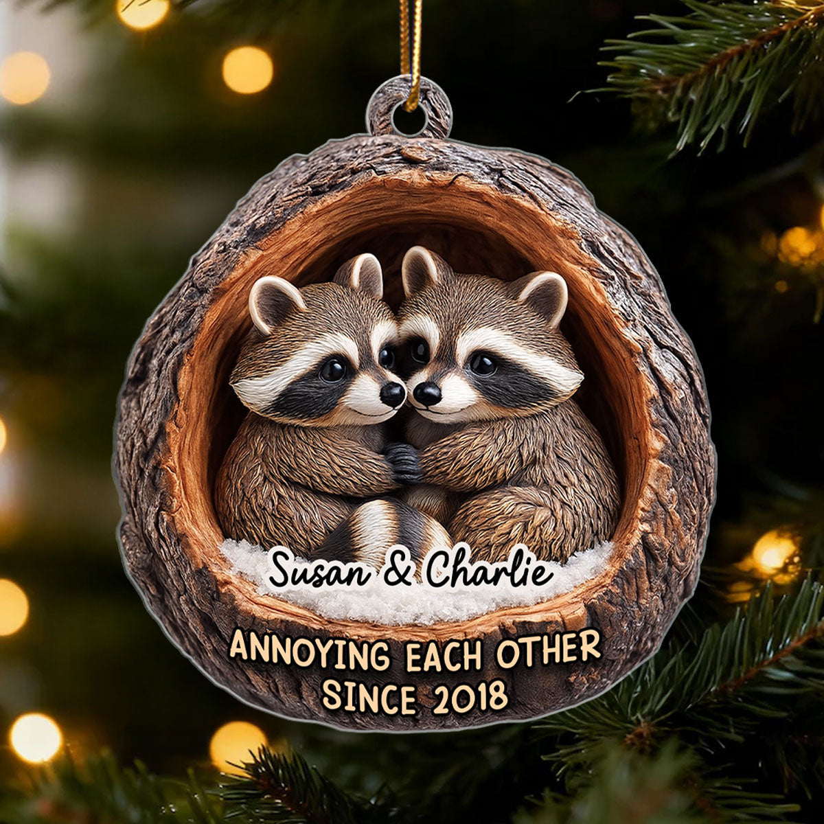 Funny Raccoon Couple Annoying Each Other 3D Wooden Effect - Personalized Acrylic Ornament - Christmas Gift for her, Gift for him