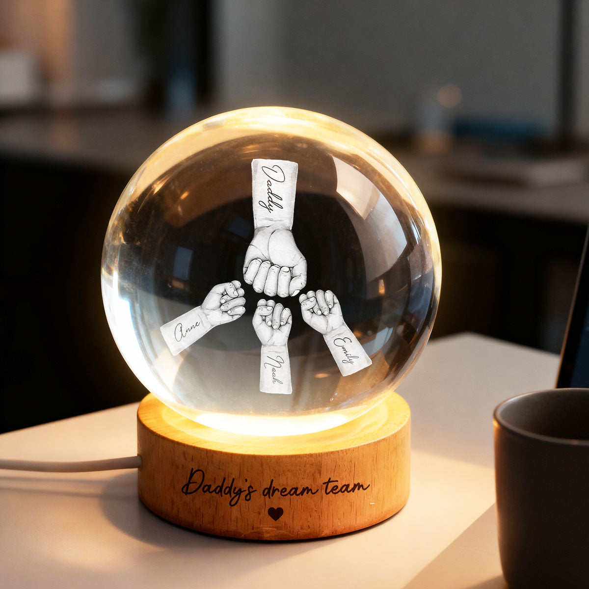 Daddy's Dream Team - Personalized Crystal Ball LED Night Light -  Gift for Dad, Husband