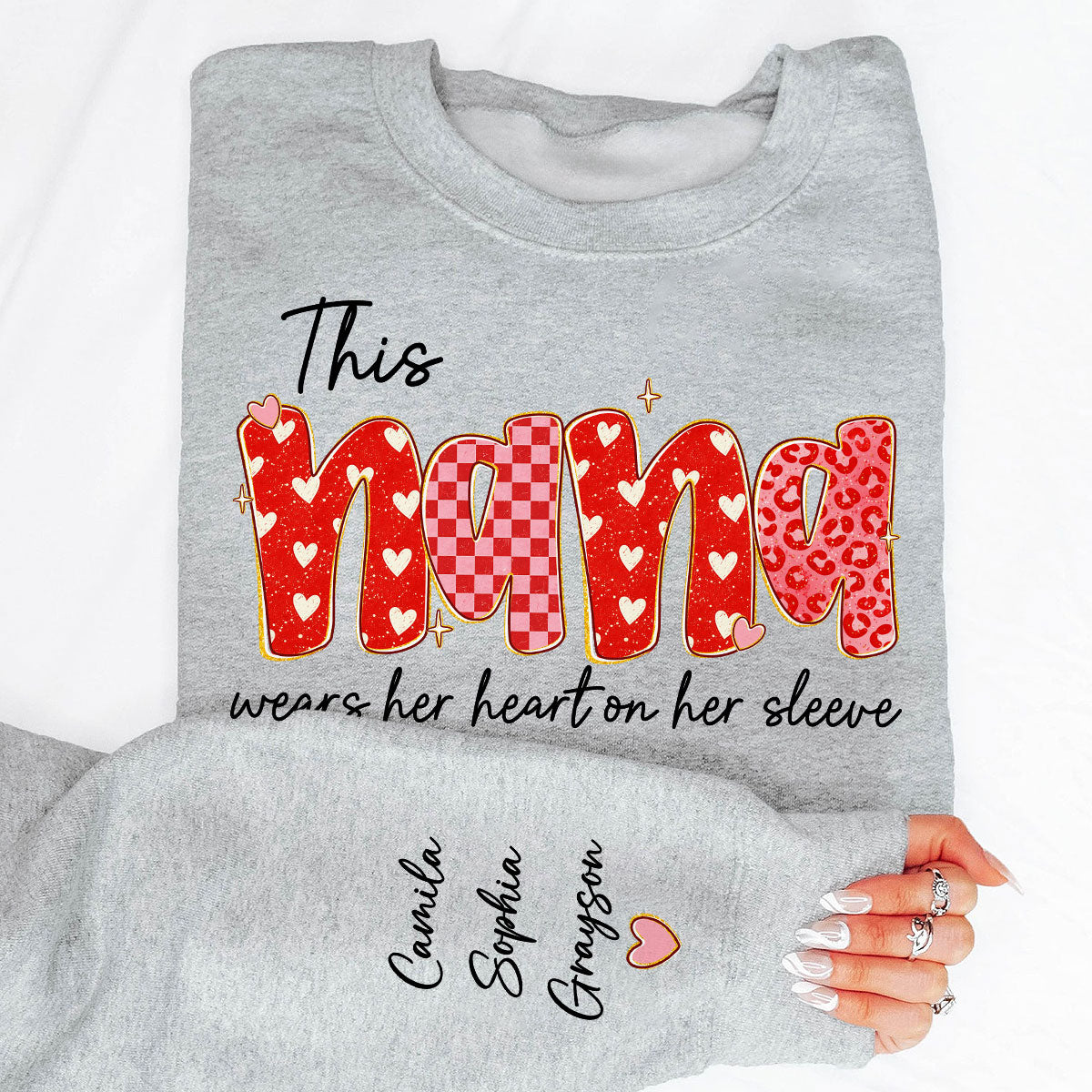 This Nana Wears Heart On Her Sleeve Preppy Pattern - Personalized Sleeve Printed Sweatshirt - Mother's Day Gift For Grandma