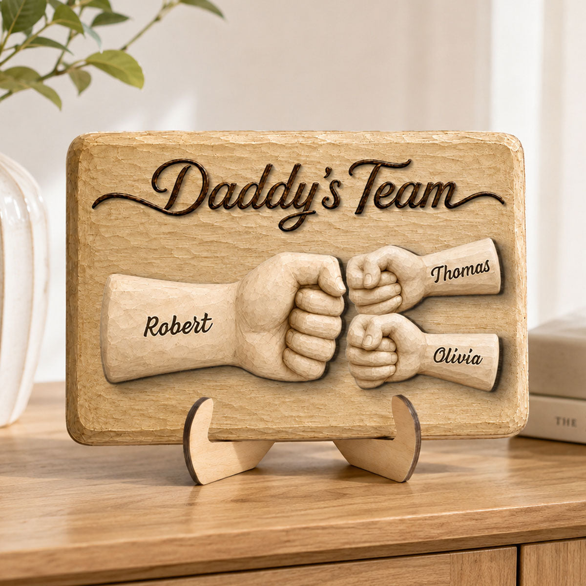 Sentimental Rustic Daddy's Team Fist Bump - Personalized 2-Layered Wooden Plaque -  Gift For Dad, Husband