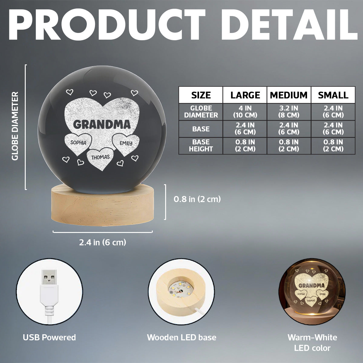 Grandma Mom Hearts Custom Kids Names - Personalized Crystal Ball LED Night Light - Gift For Grandma, Mom