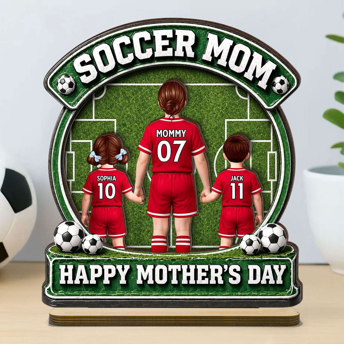 Soccer Mom Back View And Kids - Personalized 2-Layered Wooden Plaque - Heartfelt Gift For Soccer Mom, Gift For Wife