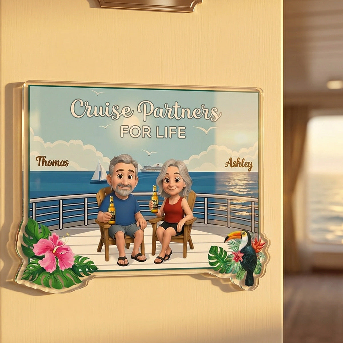 We're In Cruise Mode Old Cartoon Couple Sitting Cruise Deck - Personalized Cruise Cabin Door Magnet