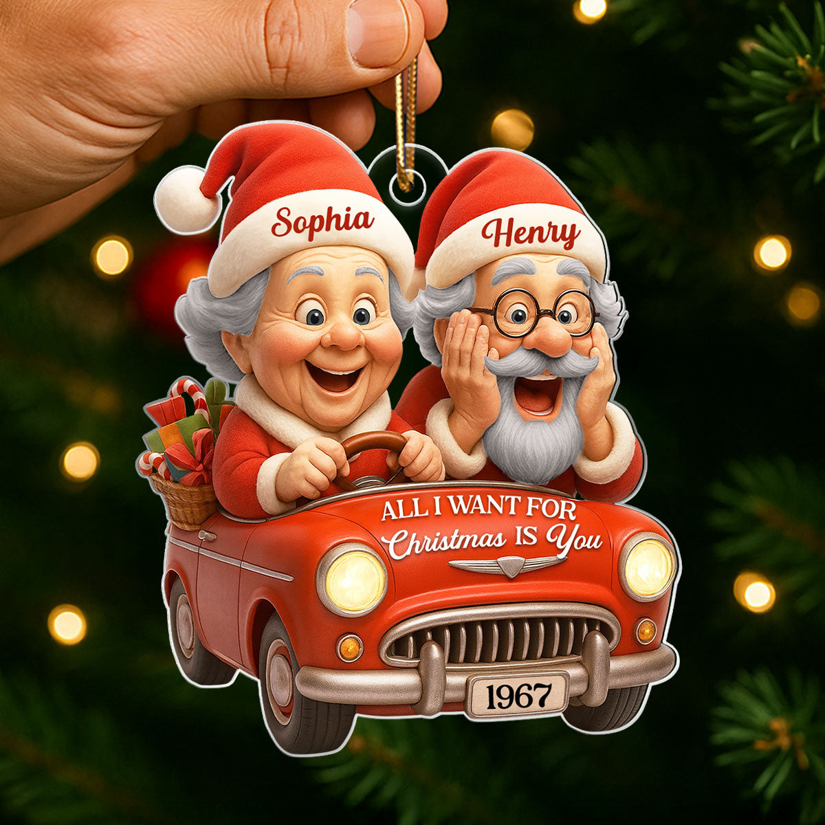 Old Couple In Santa Car - Personalized Acrylic Ornament - Unique Christmas Gift For Him, For Her, For Couple