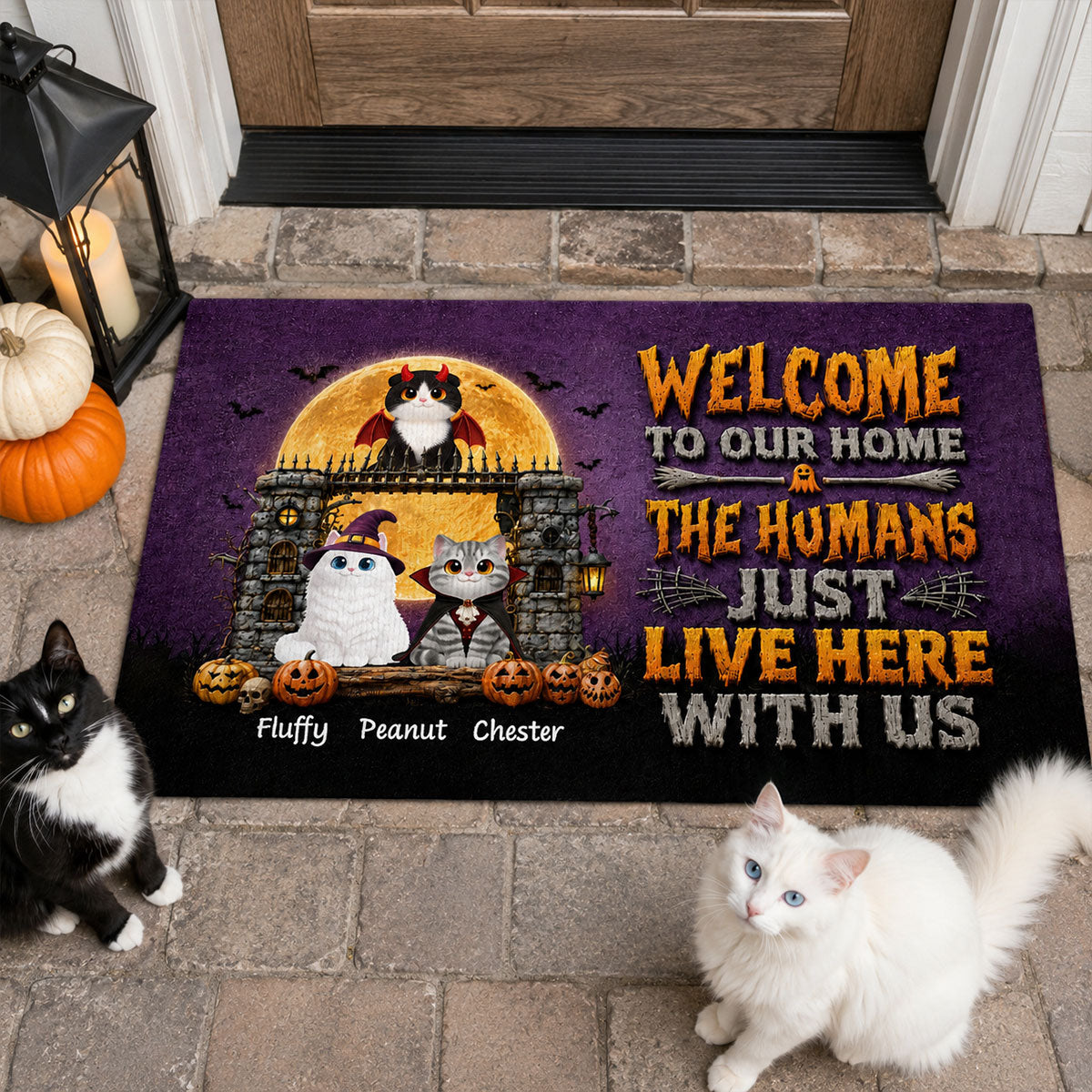 The Humans Just Live Here With Us - Personalized Doormat - Halloween Decor Gift, Gift For Cat Lovers