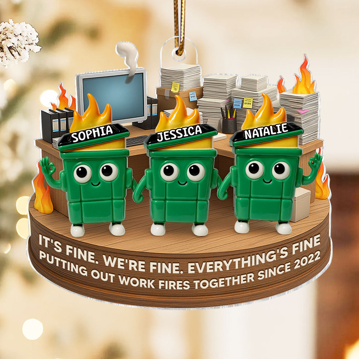 Putting Out Work Fires Together Work Bestie Dumpster Fire - Personalized Acrylic Ornament - Christmas Gift for Colleagues, Coworkers, Boss