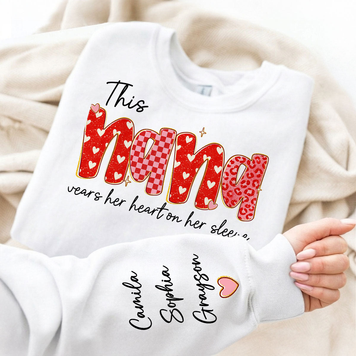 This Nana Wears Heart On Her Sleeve Preppy Pattern - Personalized Sleeve Printed Sweatshirt - Mother's Day Gift For Grandma