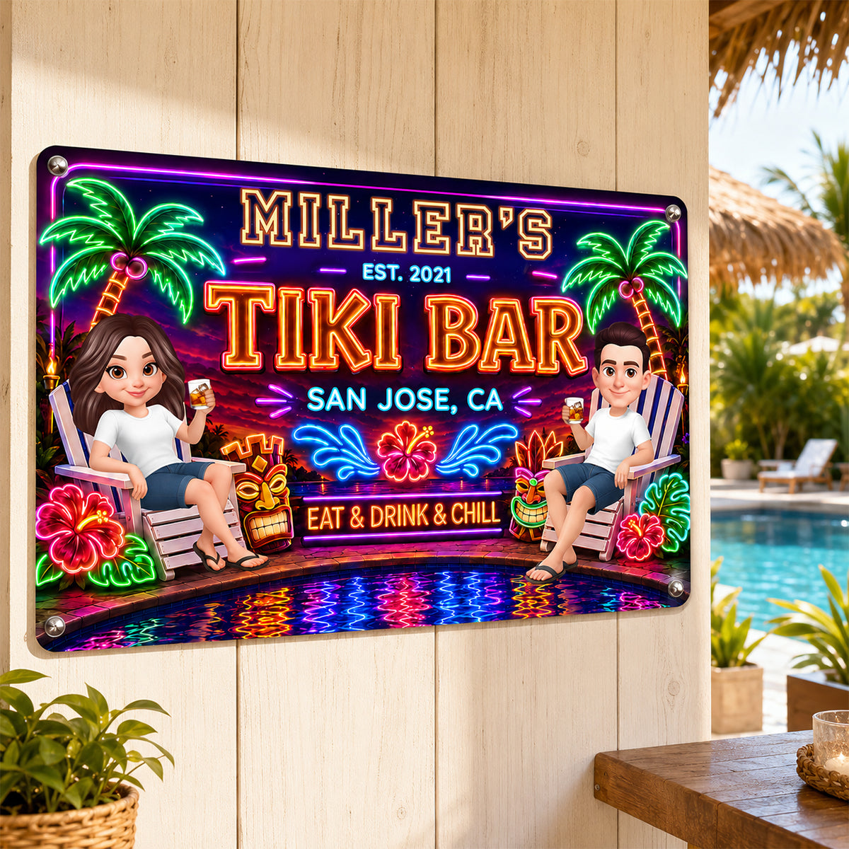 Custom Family Tiki Bar - Personalized Metal Sign - Outdoor Home Bar Decor, Eat Drink & Chill Sign, Backyard Patio Sign, New Home Gift