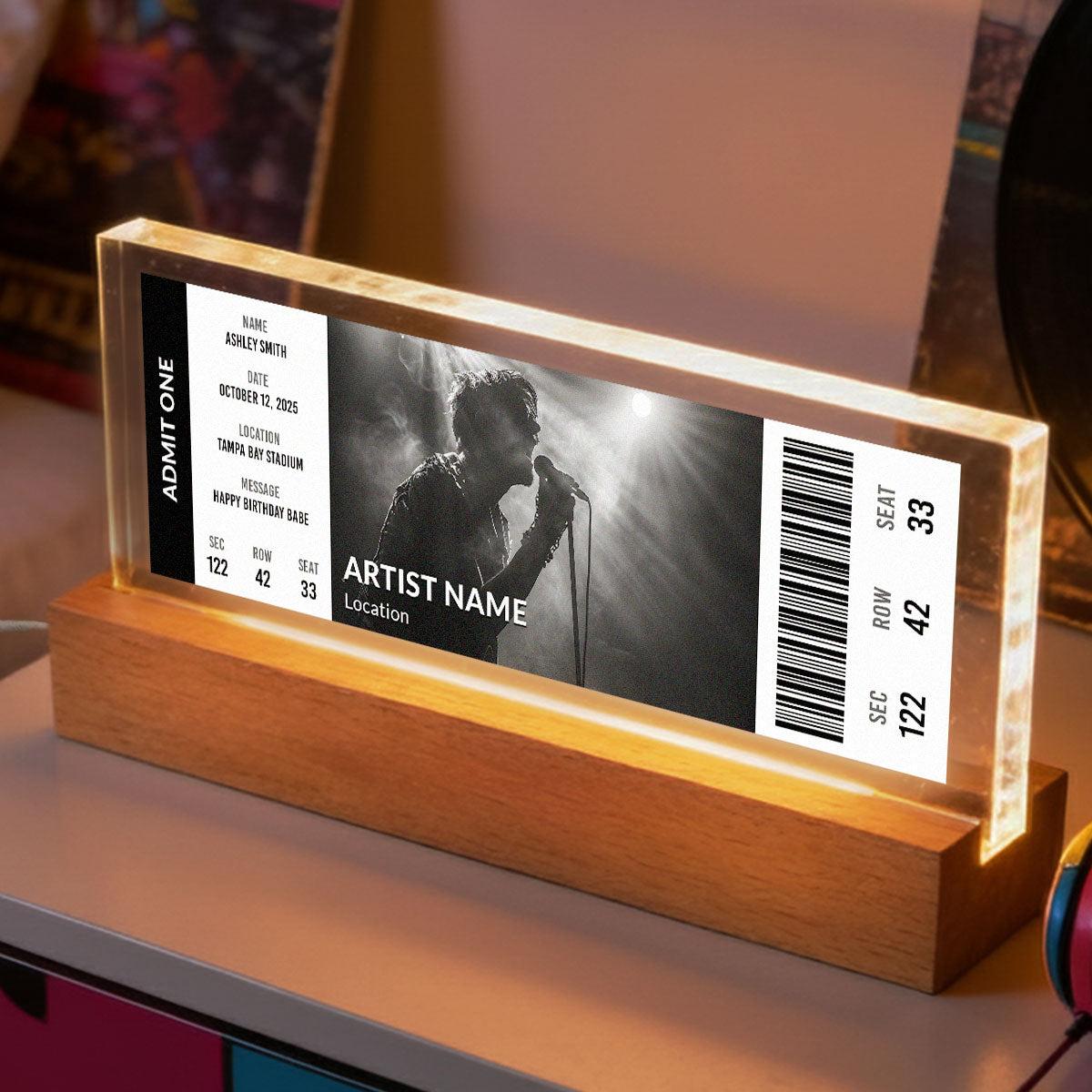Custom Upcoming Concert Ticket - Personalized Acrylic Block LED Night Light - Surprise Valentine's Day Gift for her, for him