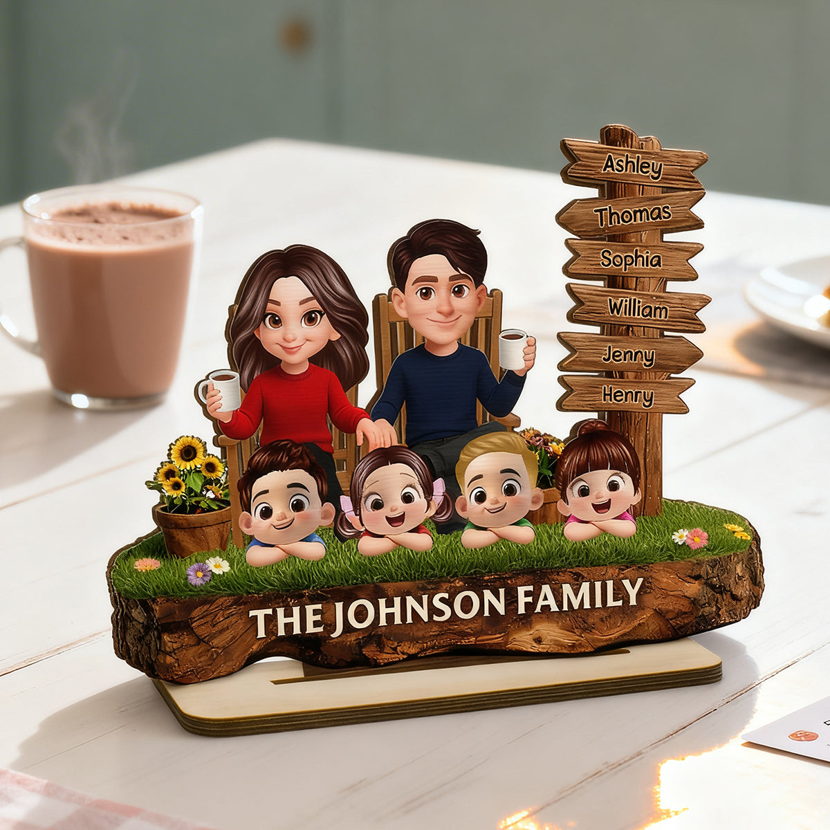 Family Sitting Sign Post - Personalized 2-Layered Wooden Plaque - Heartfelt Rustic Decor, Gift for Mom, Dad