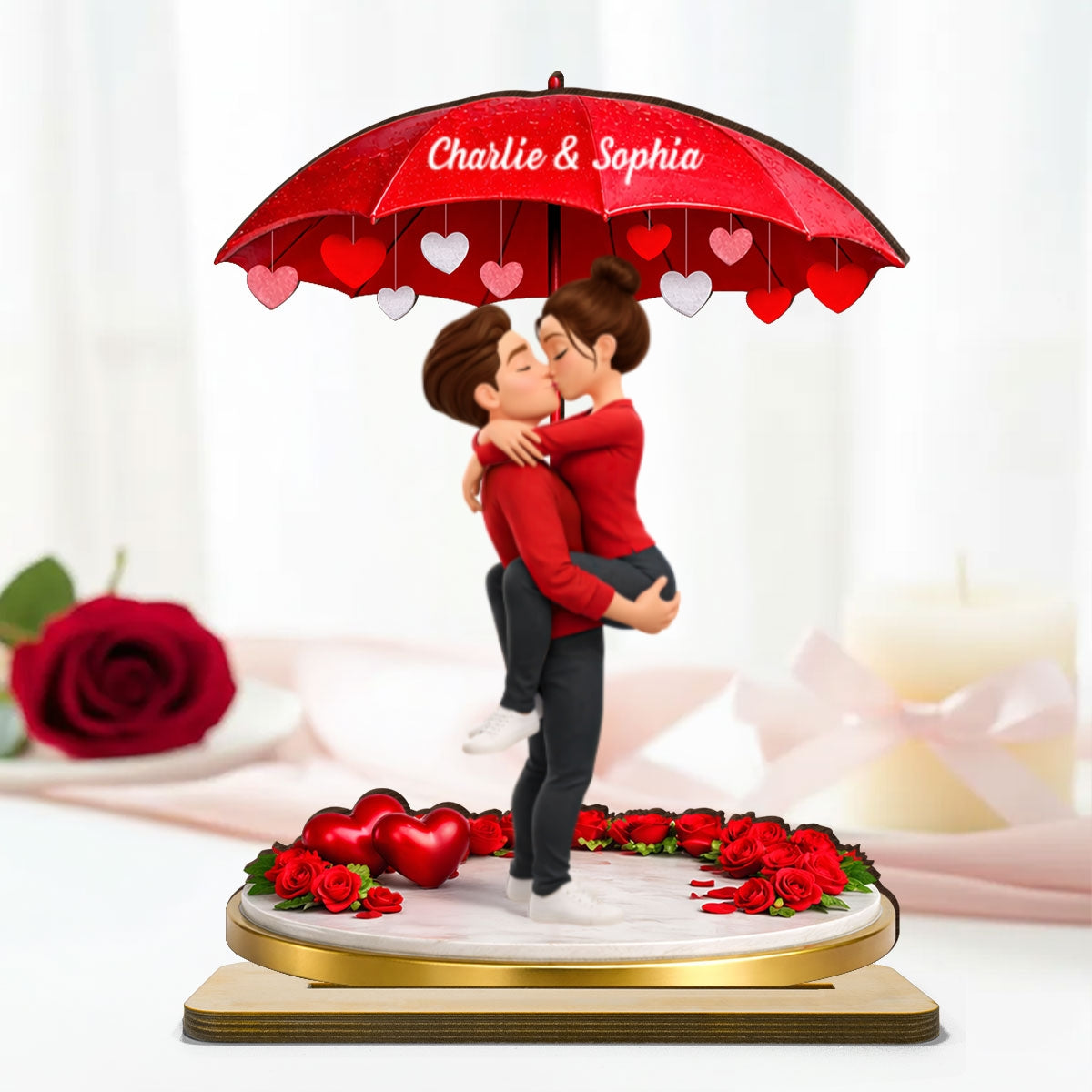 Couple Hugging Kissing Under Umbrella - Personalized 2-Layered Wooden Plaque - Anniversary, Valentine's Day Gift, Gift For Him, Gift For Her
