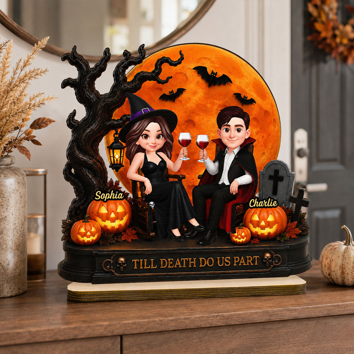 Spooky Halloween Couple With Moon - Personalized 2-Layered Wooden Plaque - Gift For Couple, Him, Her