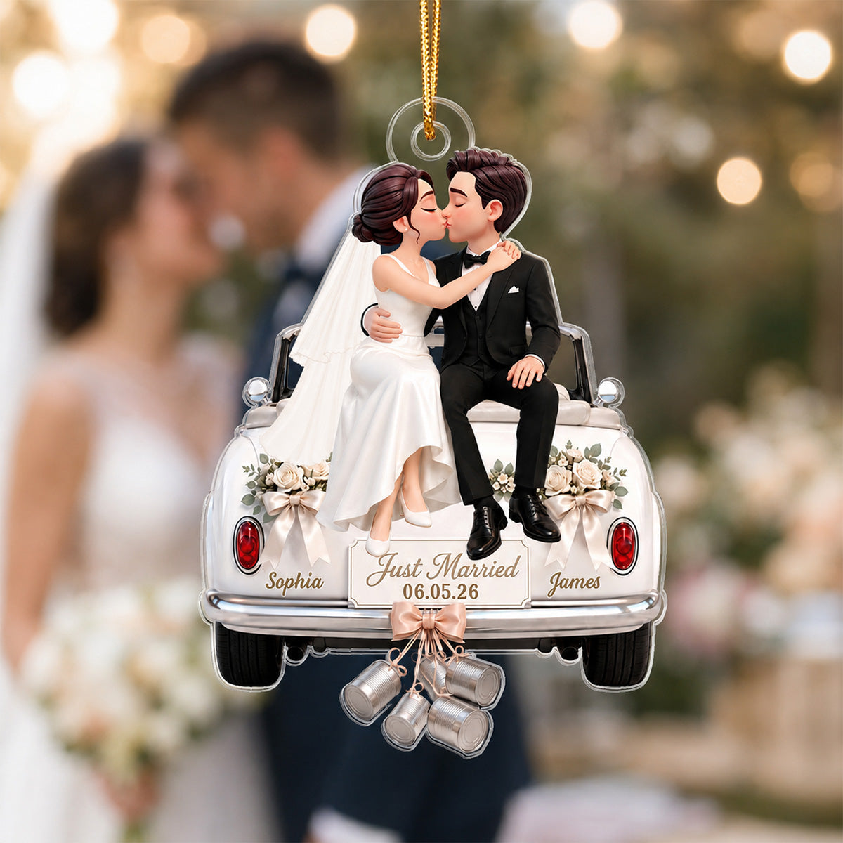 Groom Bride Sitting On Wedding Car 2D Flat - Personalized Acrylic Ornament - Wedding Keepsake