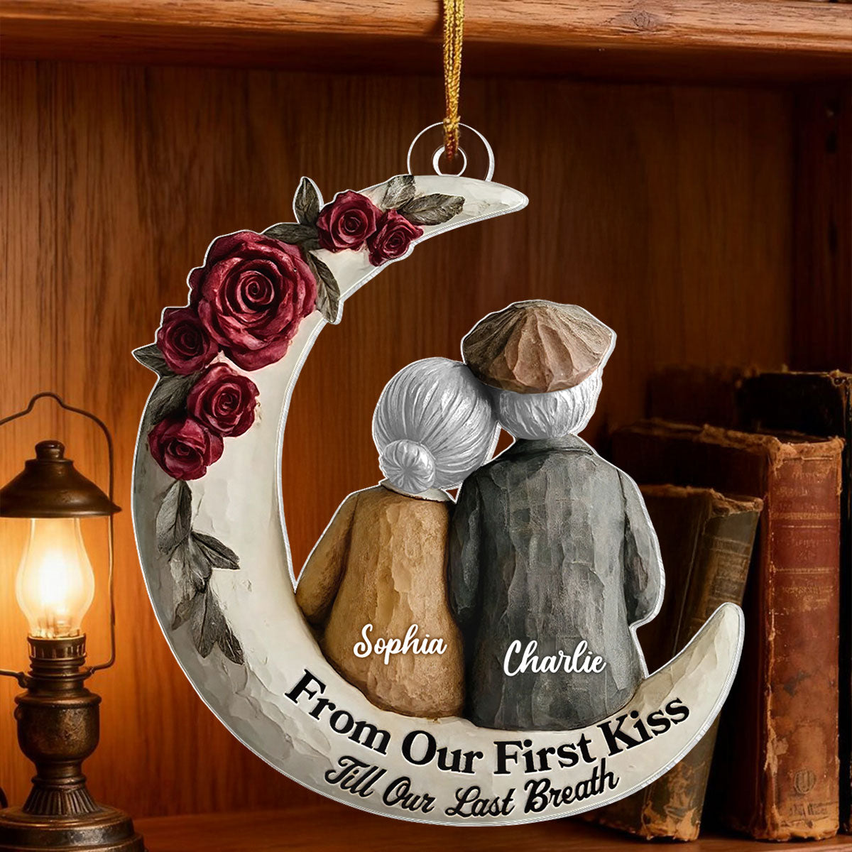 Couple On The Moon Faux Wood - Personalized Acrylic Ornament - Heartwarming Christmas Gift For Him, For Her, For Couple