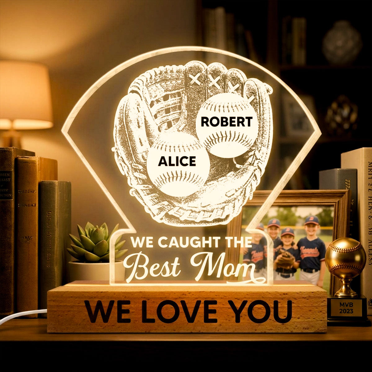 Baseball Glove We Caught The Best Mom - Personalized Acrylic Block LED Night Light - Mother's Day Gift For Baseball Mom