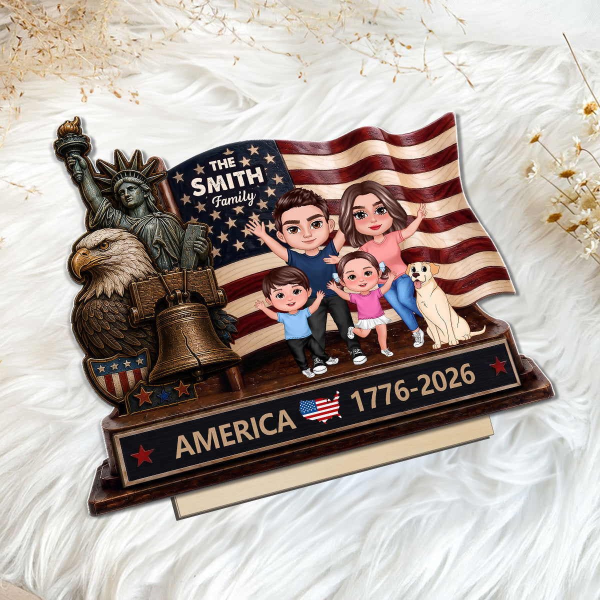 Happy 250th Anniversary 2D Flat - Personalized 2-Layered Wooden Plaque - America 250th Anniversary Keepsake, 4th Of July Family Home Decor