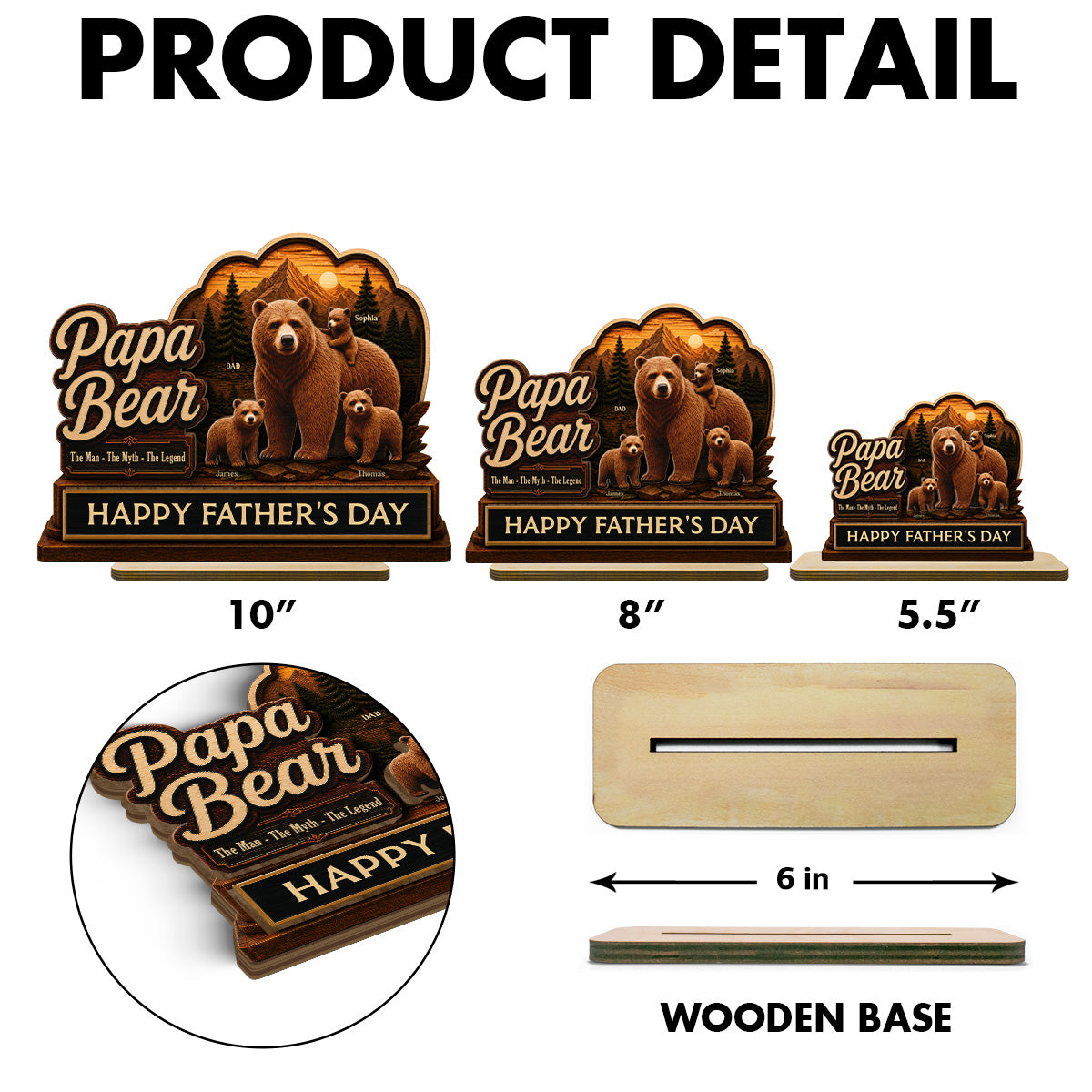 Papa Bear The Man The Myth The Legend 2D Flat - Personalized 2-Layered Wooden Plaque -  Gift For Husband, Dad