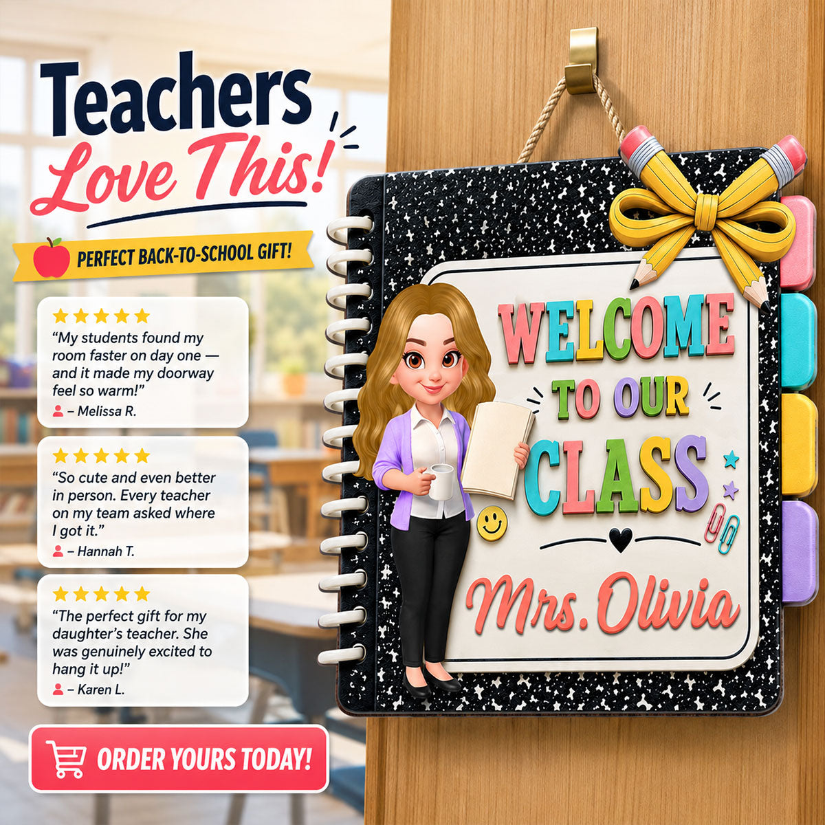 Notebook Teacher Welcome To Class - Personalized Wood Sign - Back To School Gift For Teacher, Classroom Decorations