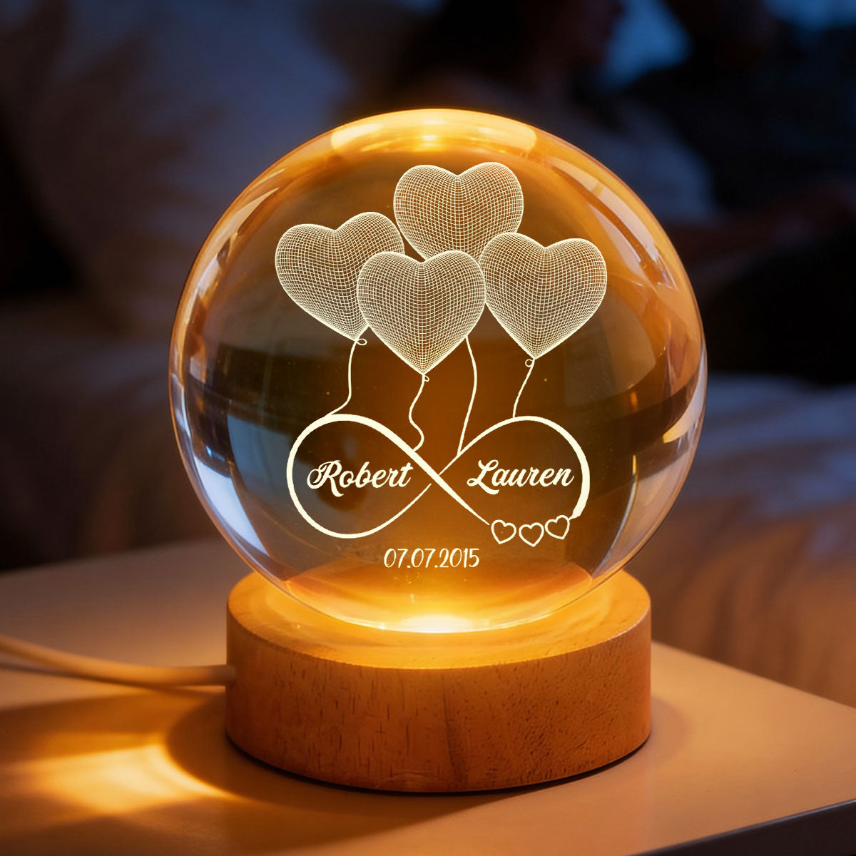 Couple Infinity Love Heart Balloon - Personalized Crystal Ball LED Night Light - Sentimental Gift for Her, for Him, Couple Keepsake