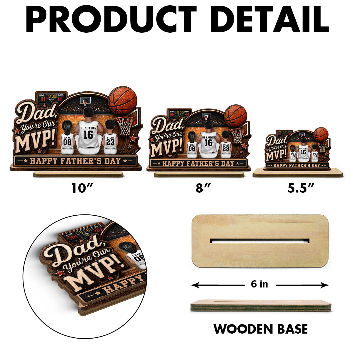 Dad You Are Our MVP Sitting Basketball Man & Kids 2D Flat - Personalized 2-Layered Wooden Plaque -  Gift For Basketball Dad