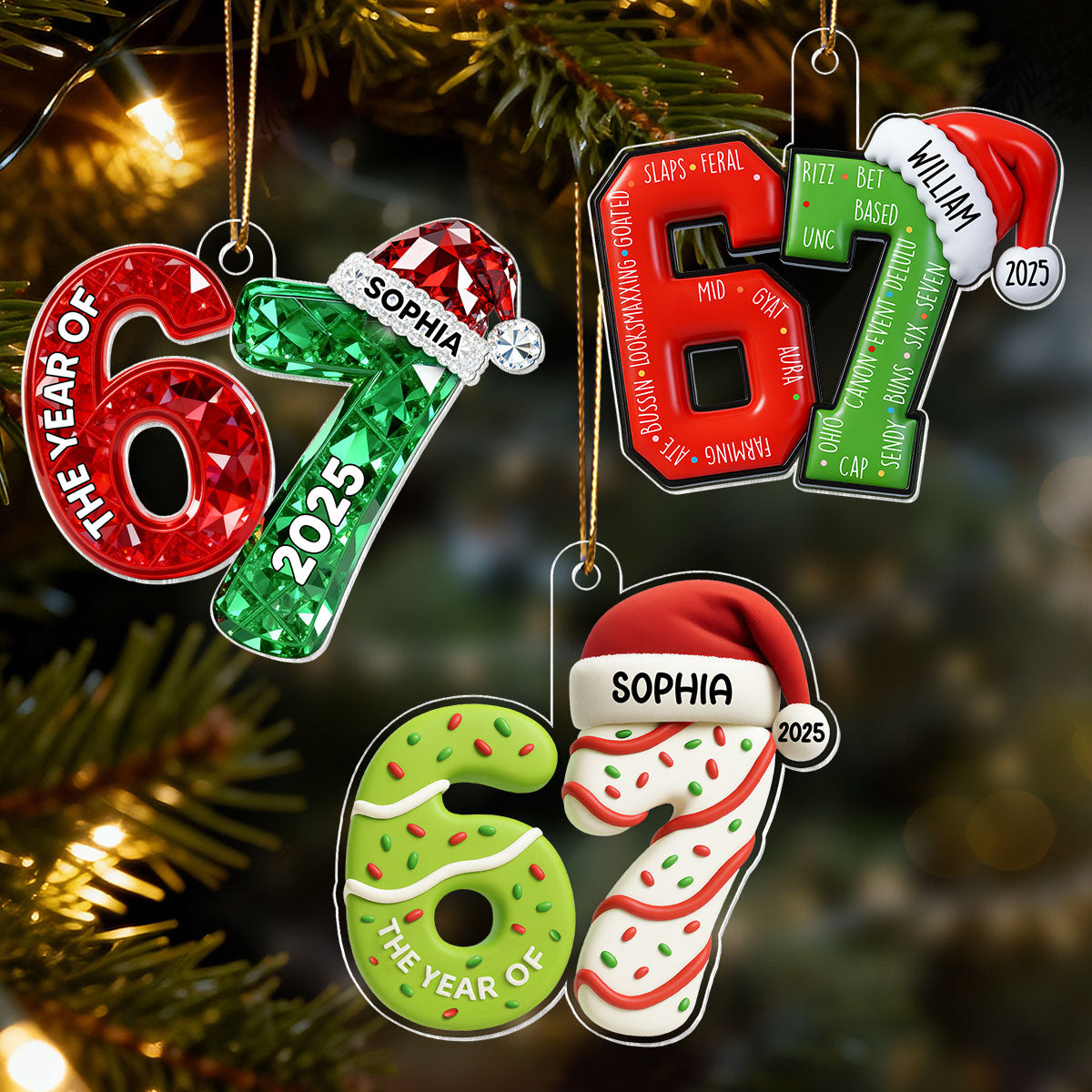 3D Effect 67 Six Seven 2025 Slang Christmas Various Designs - Personalized Acrylic Ornament - Funny Christmas Gift For Teen, Grandkid, Gen Alpha