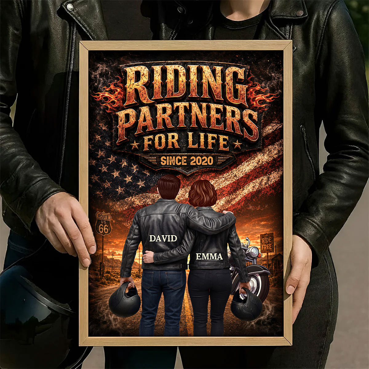 Bikers Couple Riding Partners for Life Nation Flag - Personalized Poster - Heartfelt Gift for Him, for Her